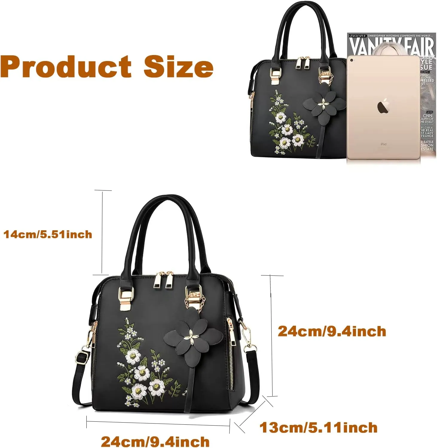 Women Handbags Fashion Embroidery Flower Handbag Crossbody Shoulder Bag with Adjustable Shoulder Strap