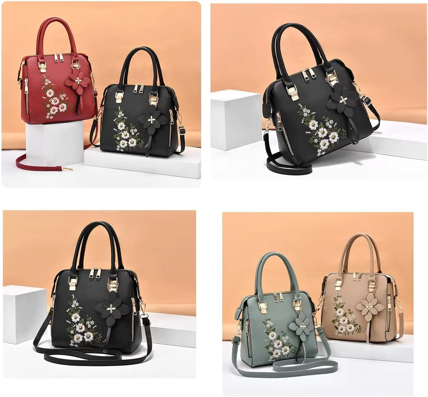 Women Handbags Fashion Embroidery Flower Handbag Crossbody Shoulder Bag with Adjustable Shoulder Strap