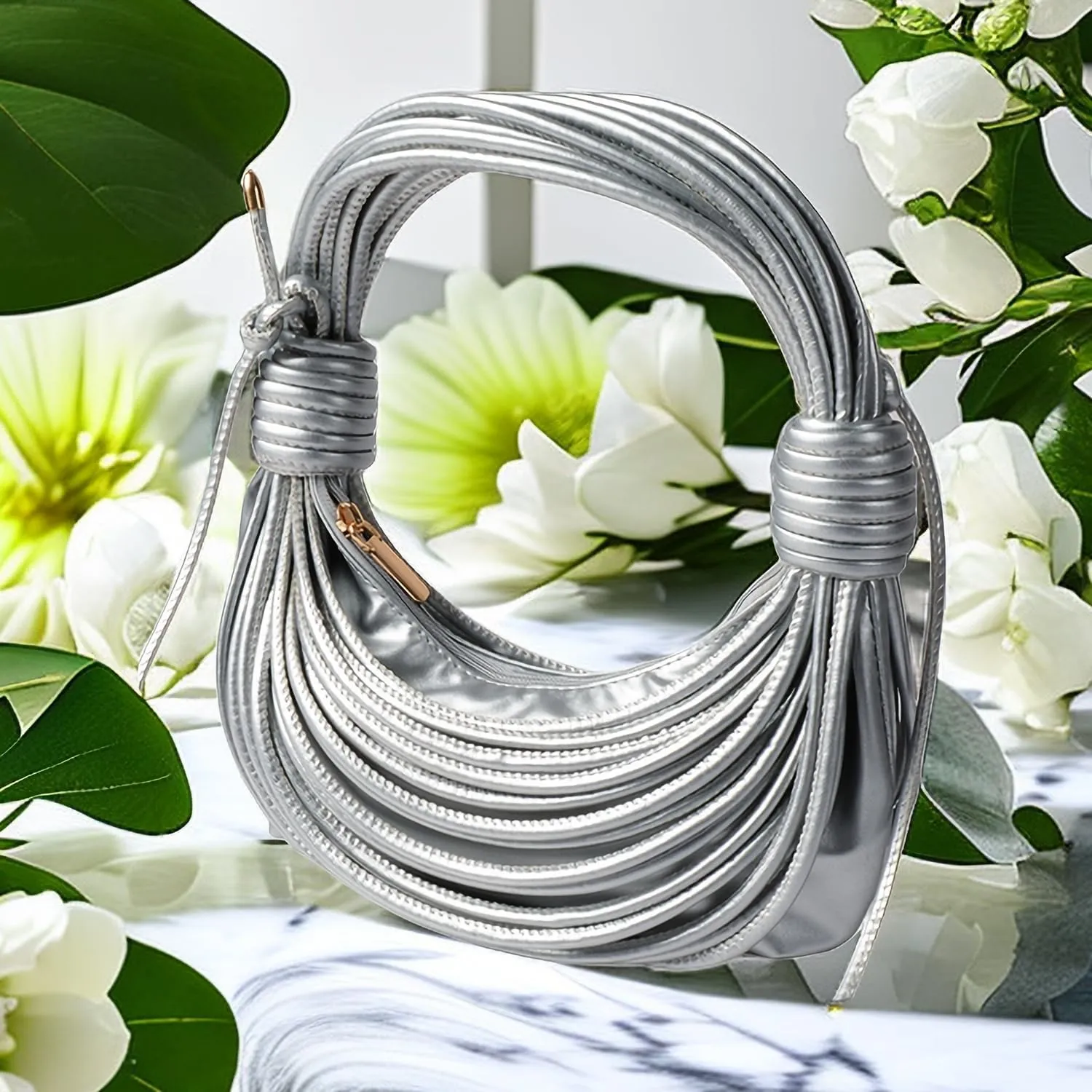 Women Knotted Woven Ruched Handbag Soft Faux Leather Purse Chic Top Handle Bag for Ladies Small Hobo Handbag