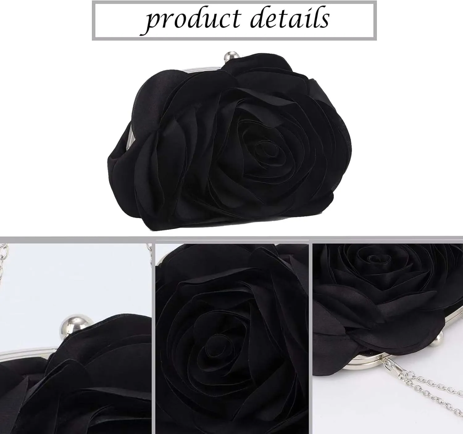 Women Rose Clutch Bags Floral Satin Evening Handbag with Detachable Chain for Wedding, Party, Prom