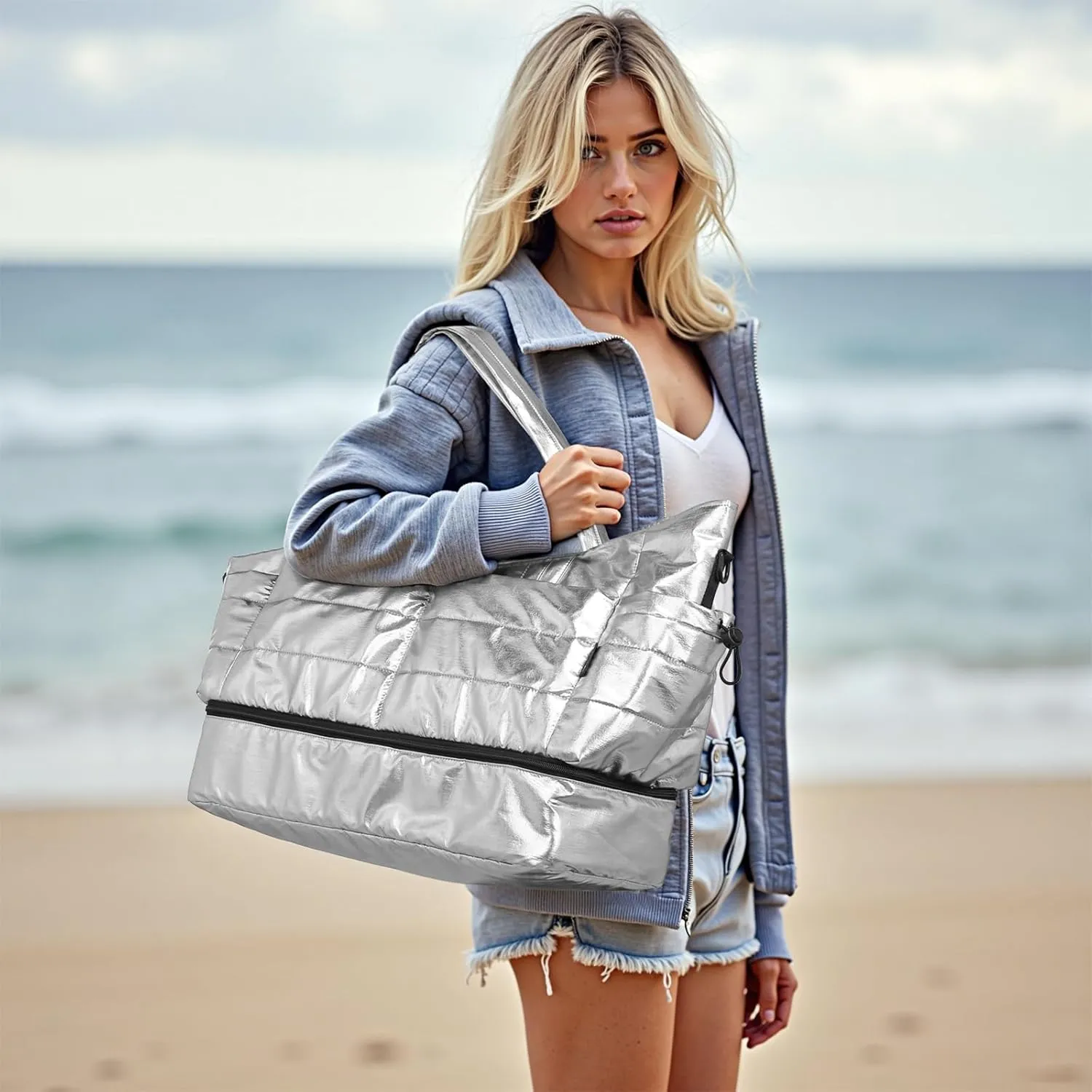 Women's 50L Travel Duffel Bag with Shoe Compartment, Gym Bag, Weekender Overnight Bag, Silver