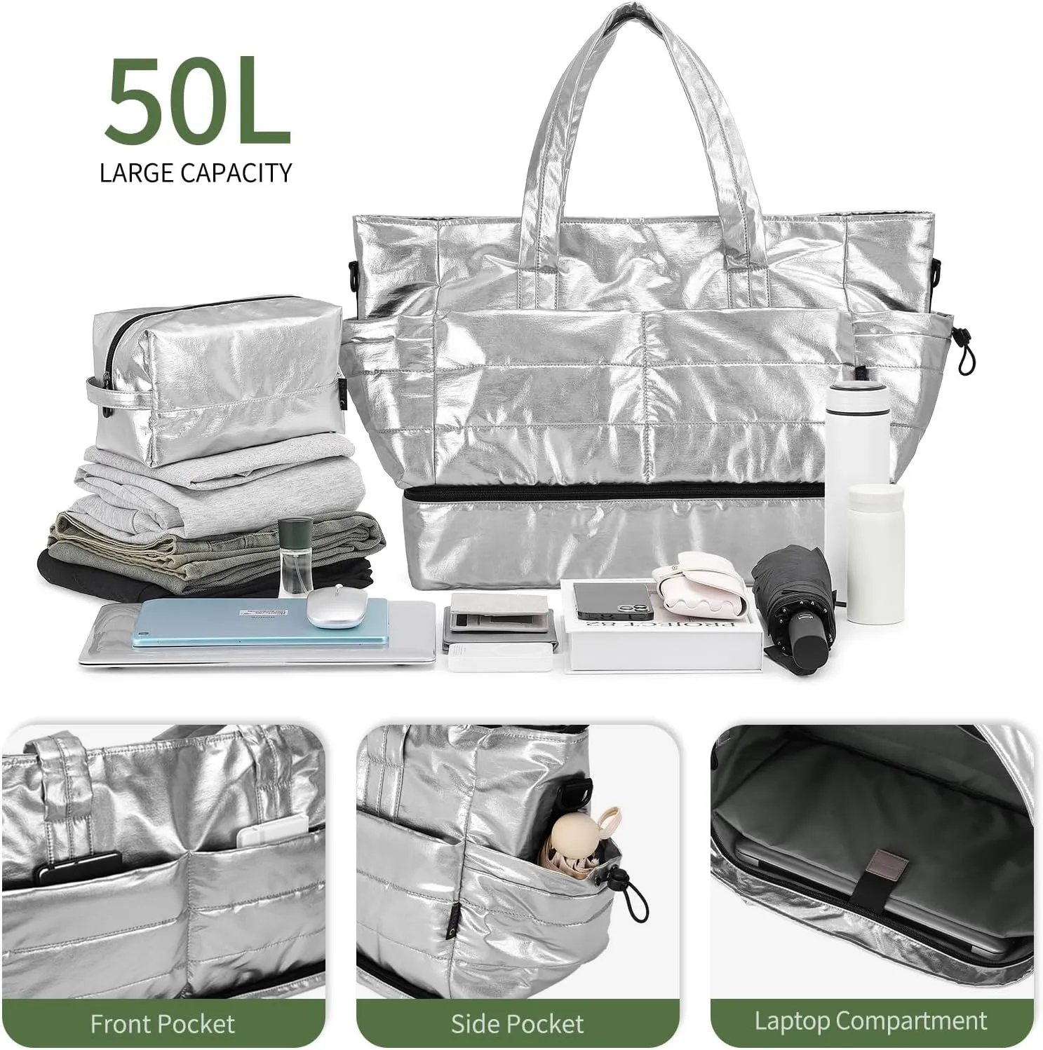 Women's 50L Travel Duffel Bag with Shoe Compartment, Gym Bag, Weekender Overnight Bag, Silver