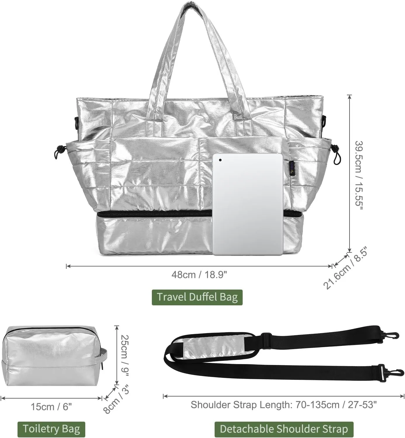 Women's 50L Travel Duffel Bag with Shoe Compartment, Gym Bag, Weekender Overnight Bag, Silver