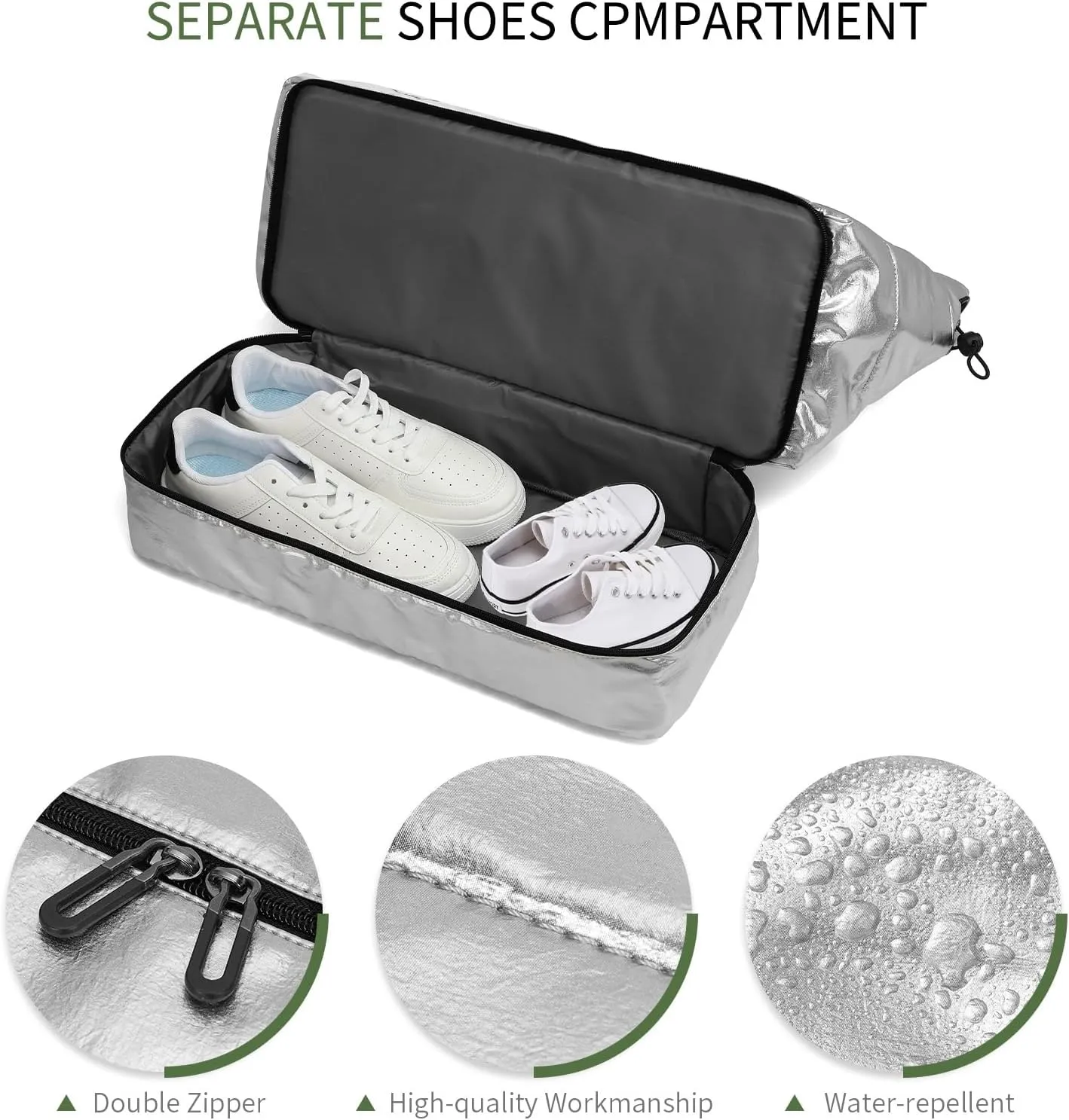 Women's 50L Travel Duffel Bag with Shoe Compartment, Gym Bag, Weekender Overnight Bag, Silver