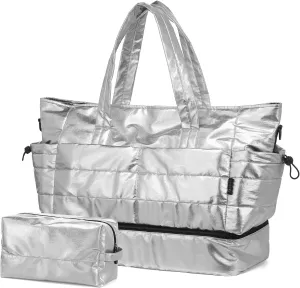 Women's 50L Travel Duffel Bag with Shoe Compartment, Gym Bag, Weekender Overnight Bag, Silver