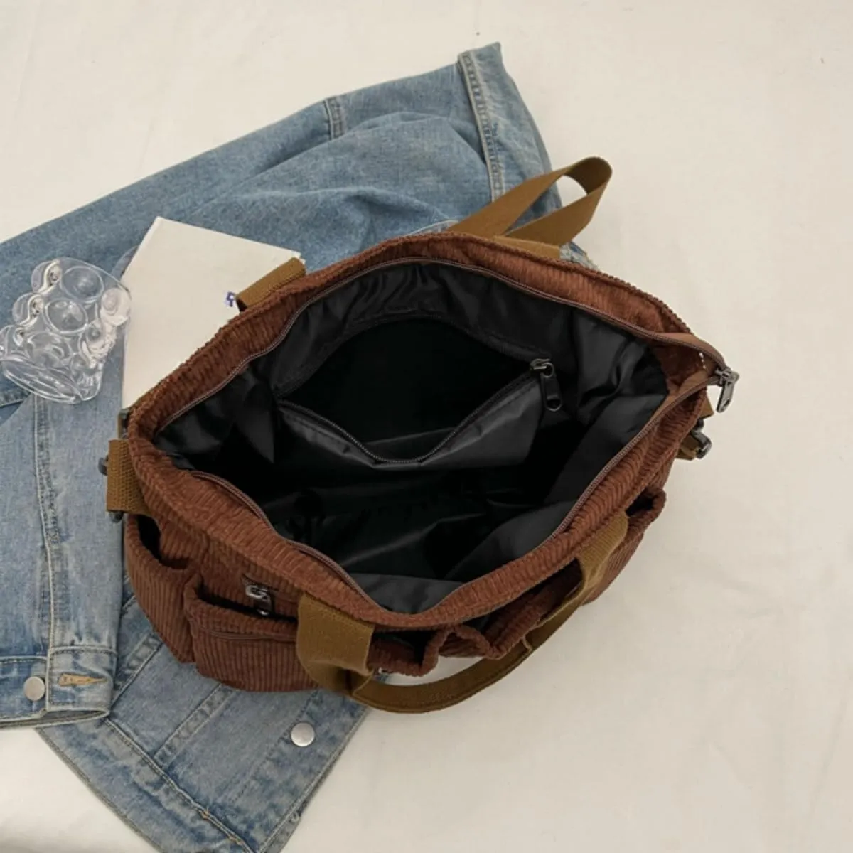 Womens Casual Corduroy Satchel Totes Handbags Large Capacity Tote Bag Purse Multiple Pockets Satchel Bag