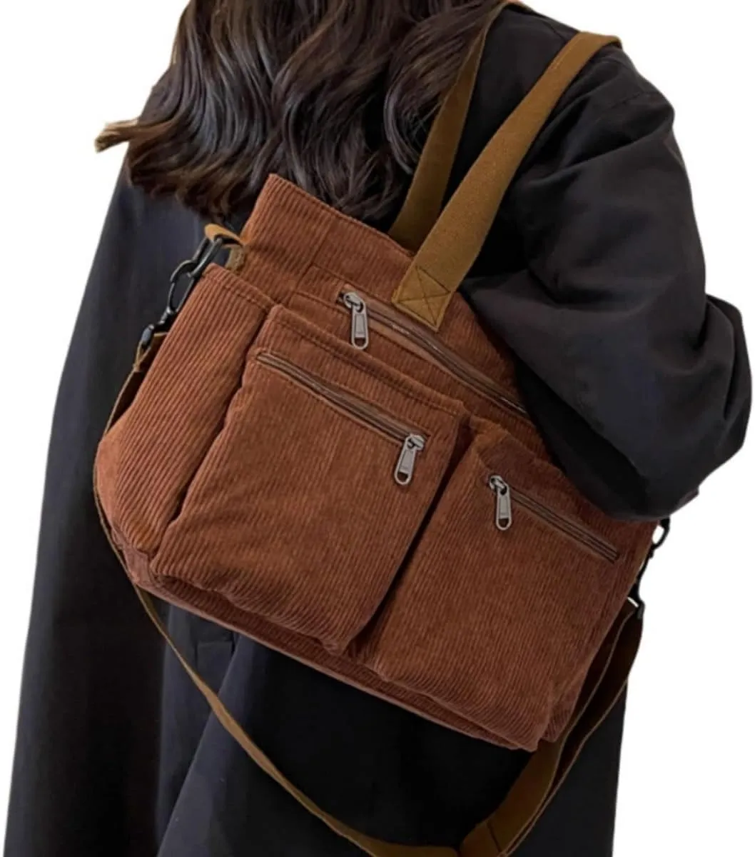 Womens Casual Corduroy Satchel Totes Handbags Large Capacity Tote Bag Purse Multiple Pockets Satchel Bag