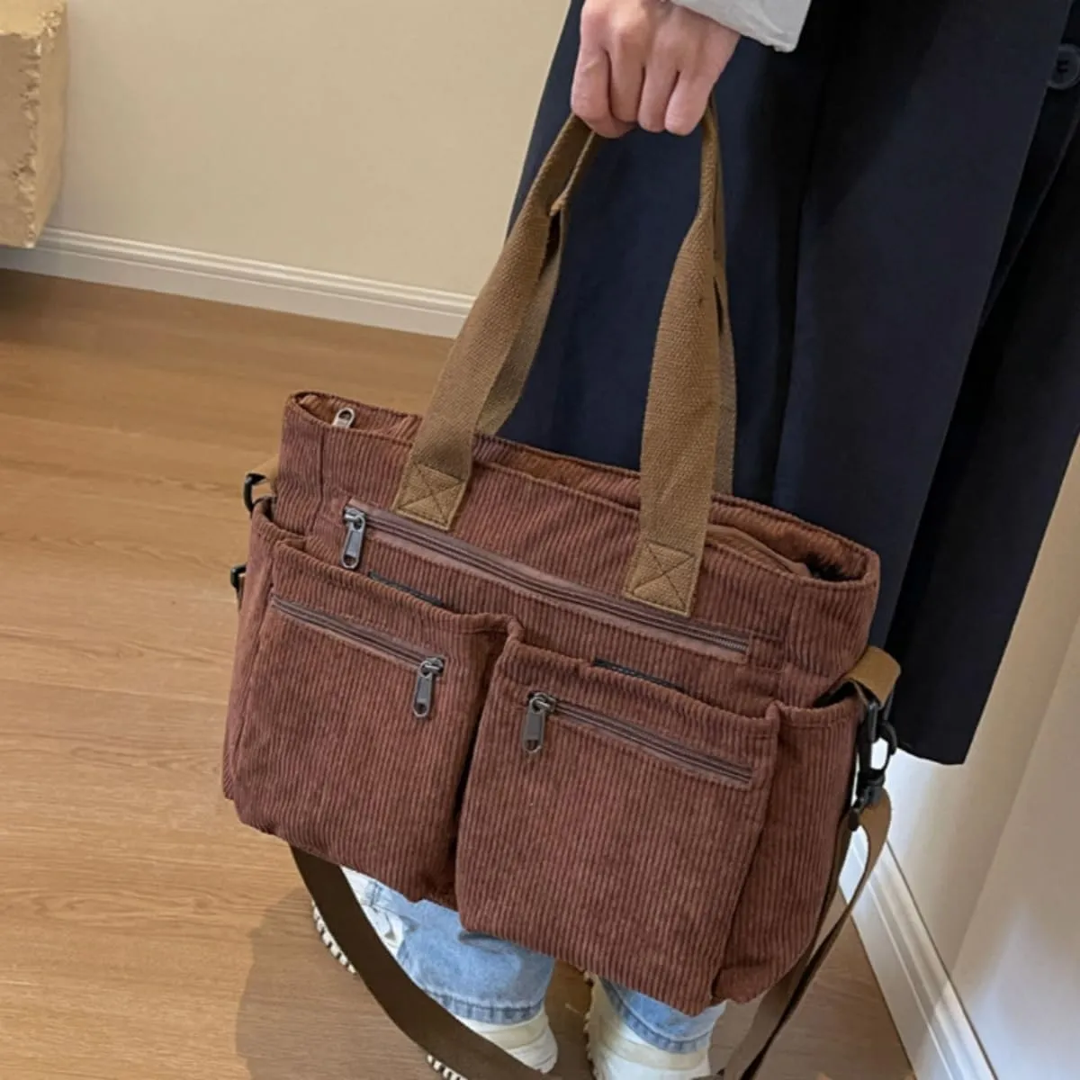 Womens Casual Corduroy Satchel Totes Handbags Large Capacity Tote Bag Purse Multiple Pockets Satchel Bag