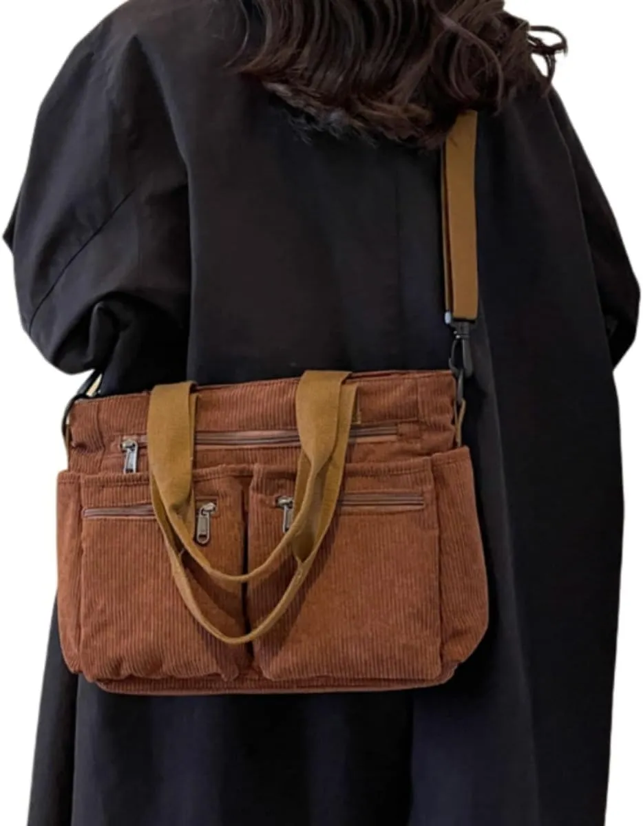 Womens Casual Corduroy Satchel Totes Handbags Large Capacity Tote Bag Purse Multiple Pockets Satchel Bag