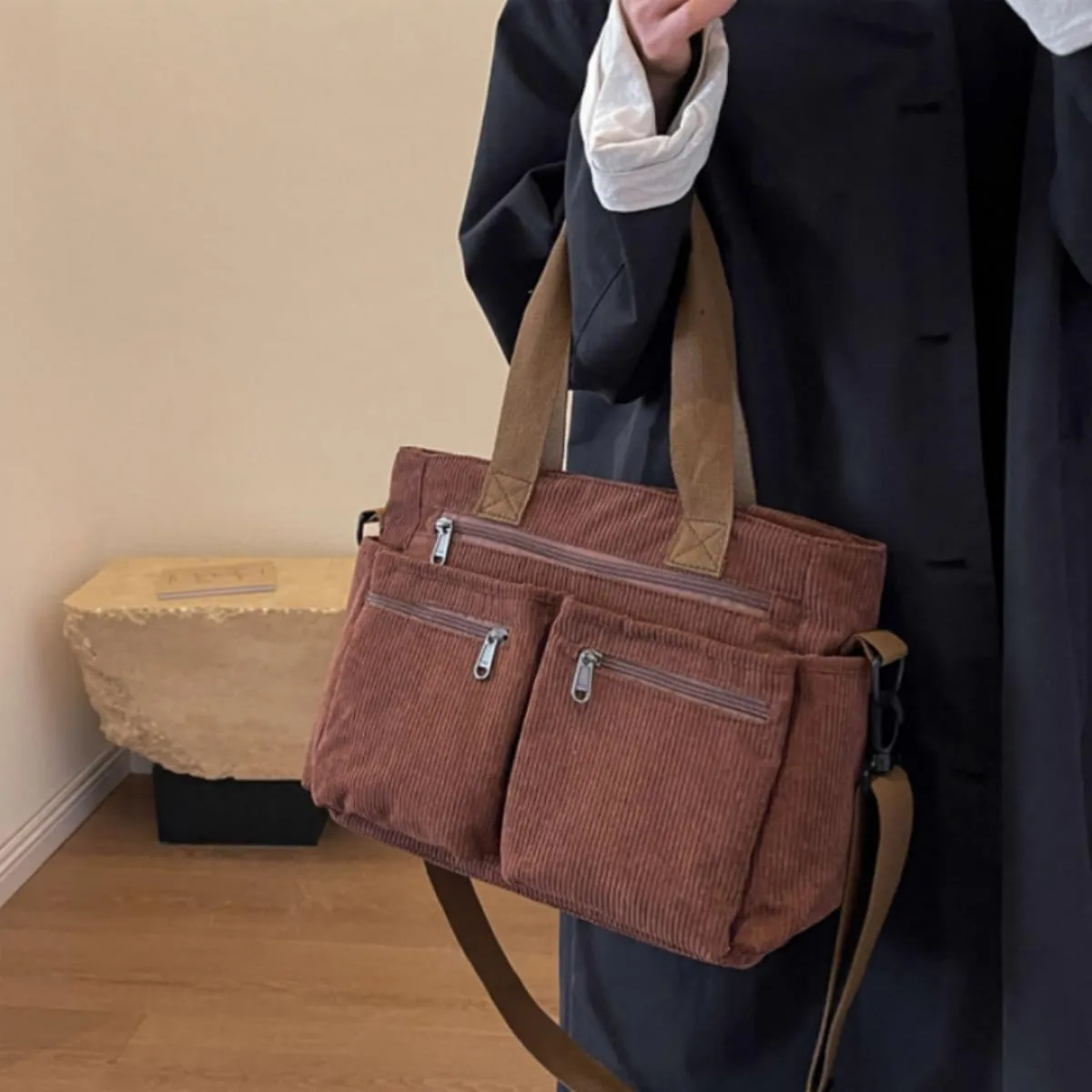 Womens Casual Corduroy Satchel Totes Handbags Large Capacity Tote Bag Purse Multiple Pockets Satchel Bag