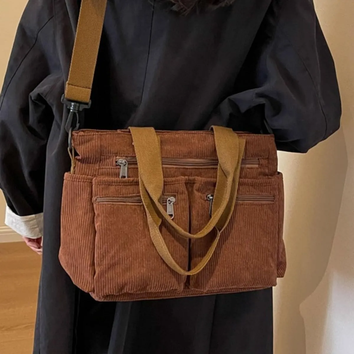 Womens Casual Corduroy Satchel Totes Handbags Large Capacity Tote Bag Purse Multiple Pockets Satchel Bag