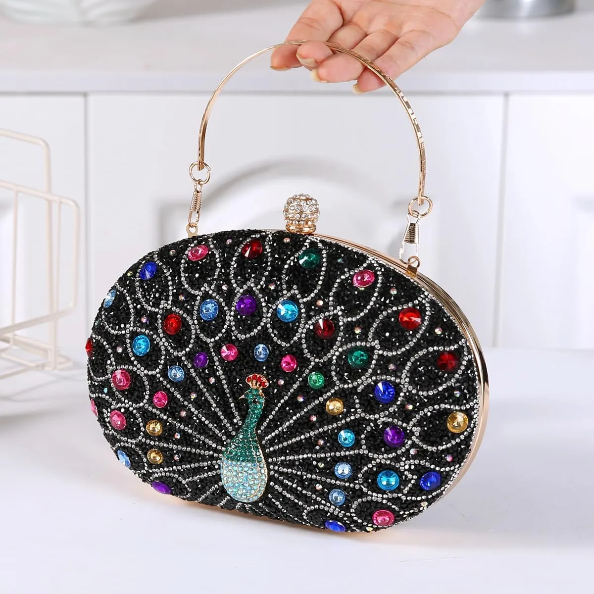 Women's Chic Evening Peacock HandBags Sparkly Rhinestone Clutch Purses Crystal Diamond Bags