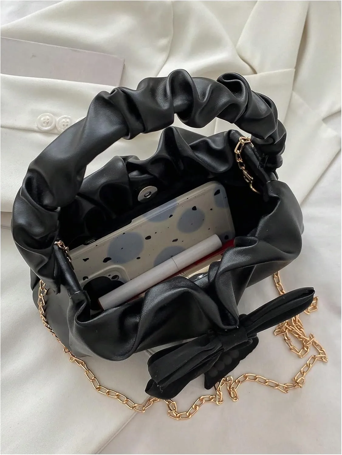 Women's Elegant Bowknot Ruched Handbags Top Handle Chain Crossbody Bags Y2K Satchel Purse