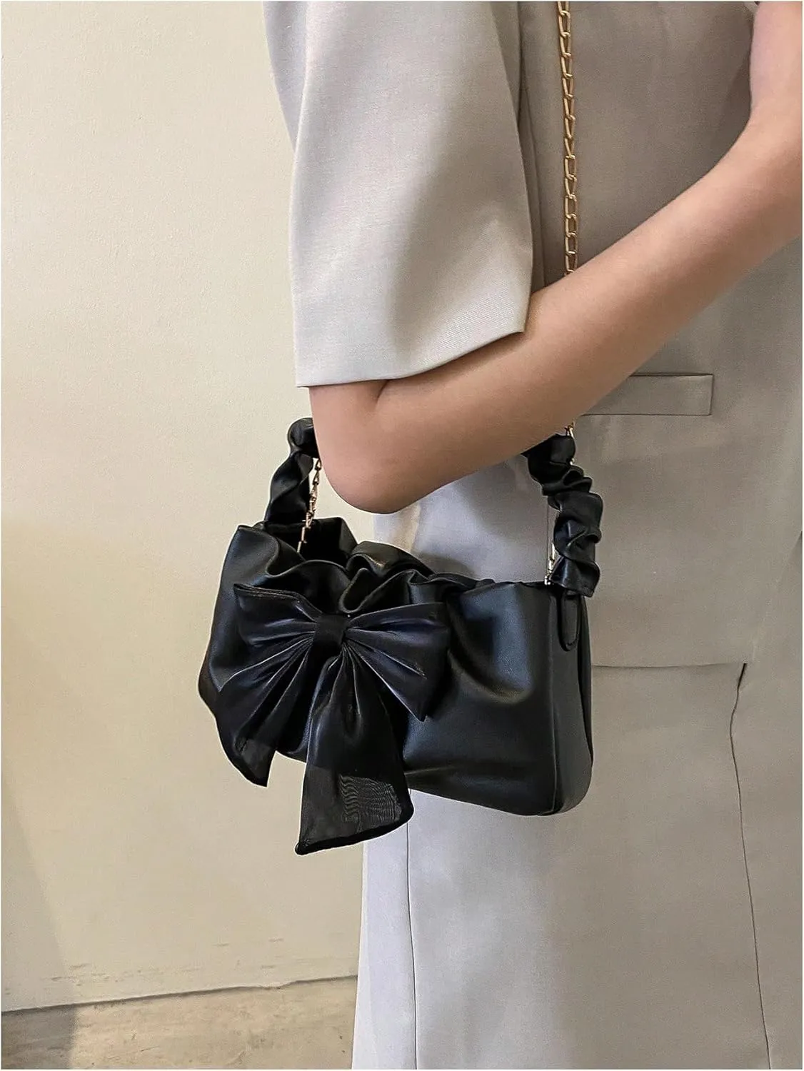 Women's Elegant Bowknot Ruched Handbags Top Handle Chain Crossbody Bags Y2K Satchel Purse