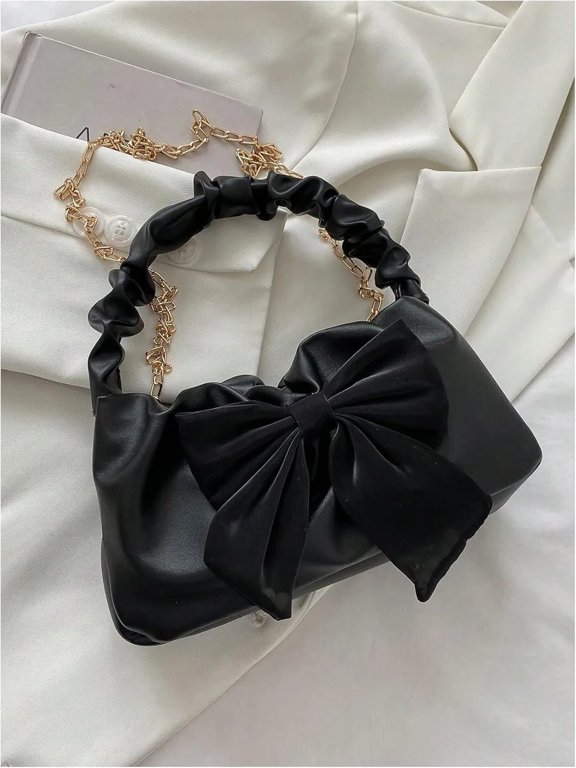 Women's Elegant Bowknot Ruched Handbags Top Handle Chain Crossbody Bags Y2K Satchel Purse