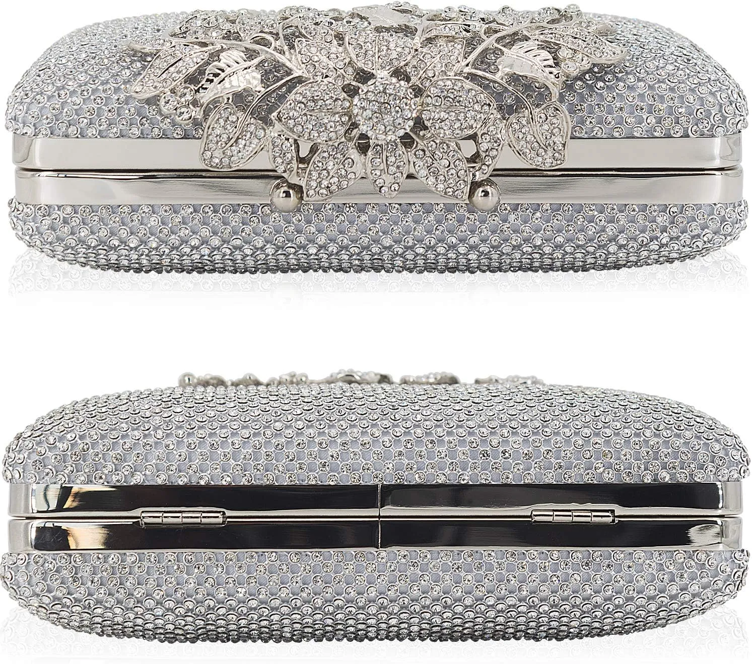 Womens Evening Bag with Flower Closure Rhinestone Crystal Clutch Purse for Wedding Party