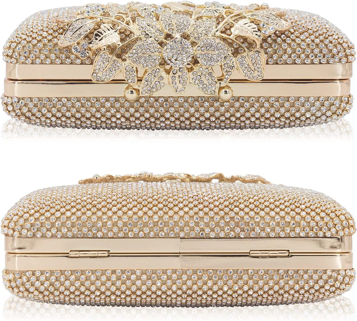 Womens Evening Bag with Flower Closure Rhinestone Crystal Clutch Purse for Wedding Party