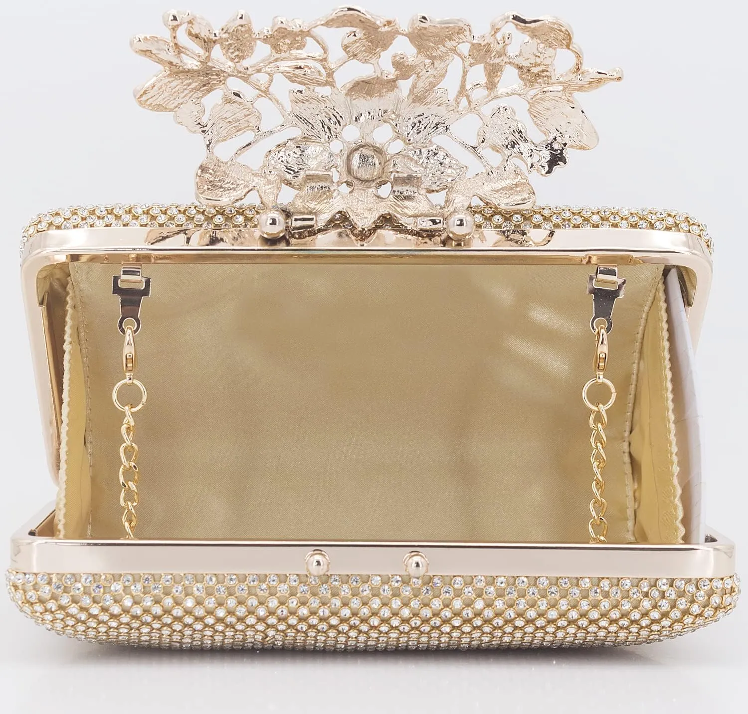 Womens Evening Bag with Flower Closure Rhinestone Crystal Clutch Purse for Wedding Party