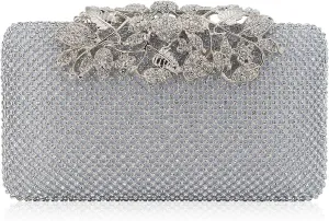 Womens Evening Bag with Flower Closure Rhinestone Crystal Clutch Purse for Wedding Party