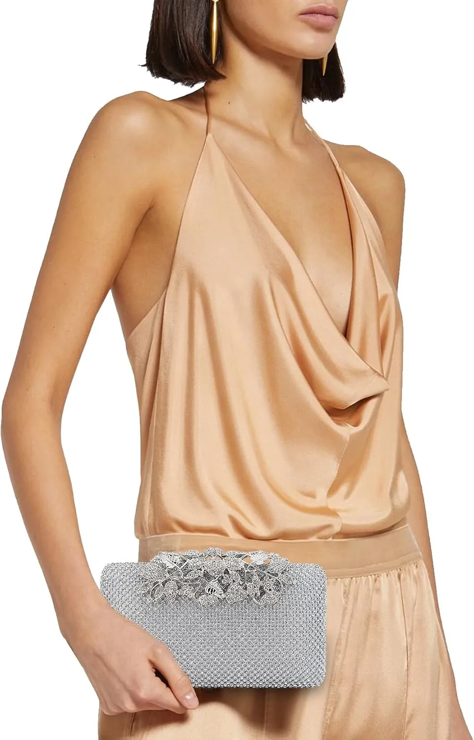 Womens Evening Bag with Flower Closure Rhinestone Crystal Clutch Purse for Wedding Party