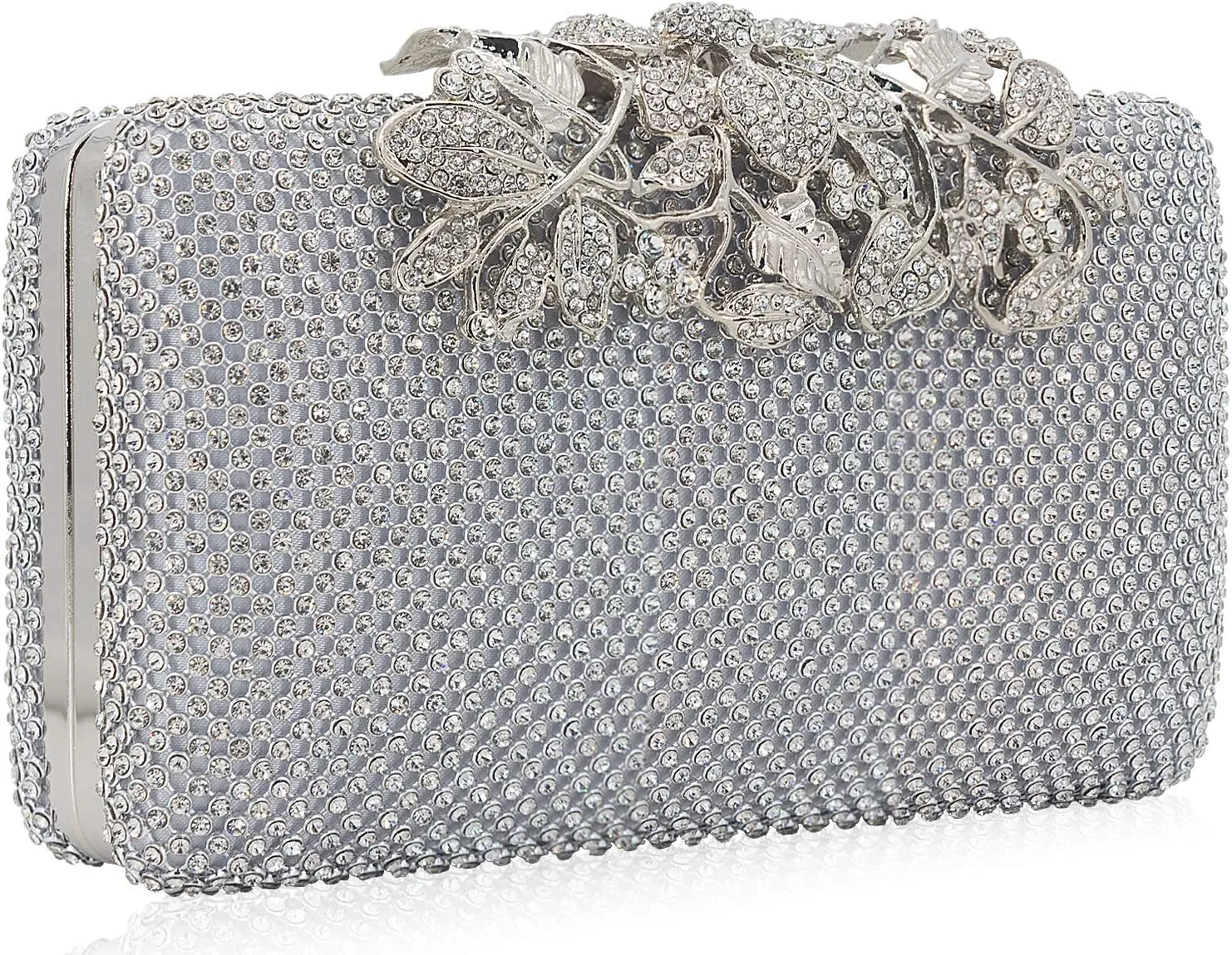 Womens Evening Bag with Flower Closure Rhinestone Crystal Clutch Purse for Wedding Party