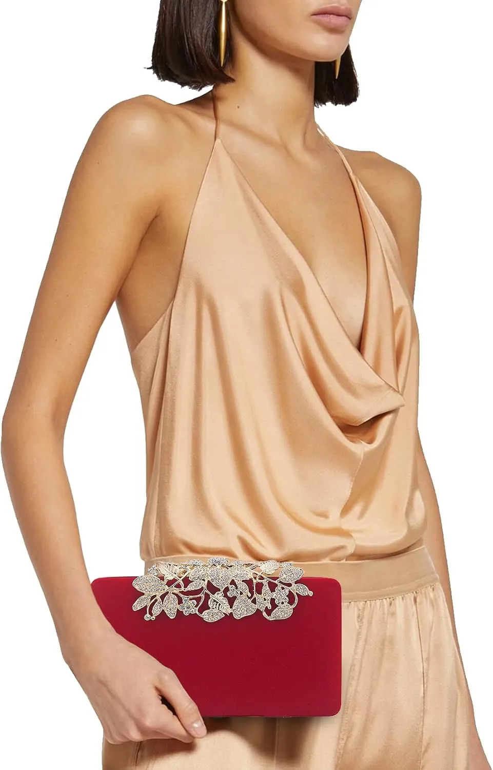 Womens Evening Bag with Flower Closure Rhinestone Crystal Clutch Purse for Wedding Party