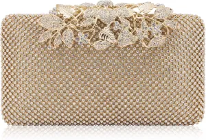 Womens Evening Bag with Flower Closure Rhinestone Crystal Clutch Purse for Wedding Party