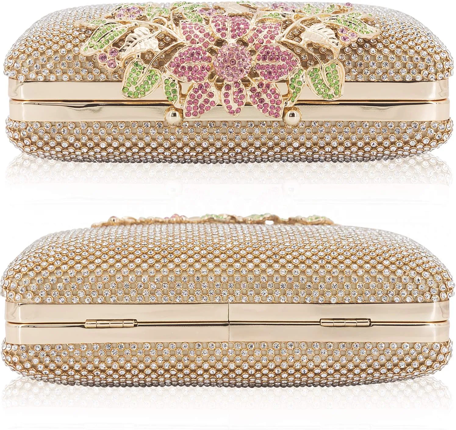 Womens Evening Bag with Flower Closure Rhinestone Crystal Clutch Purse for Wedding Party