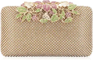 Womens Evening Bag with Flower Closure Rhinestone Crystal Clutch Purse for Wedding Party