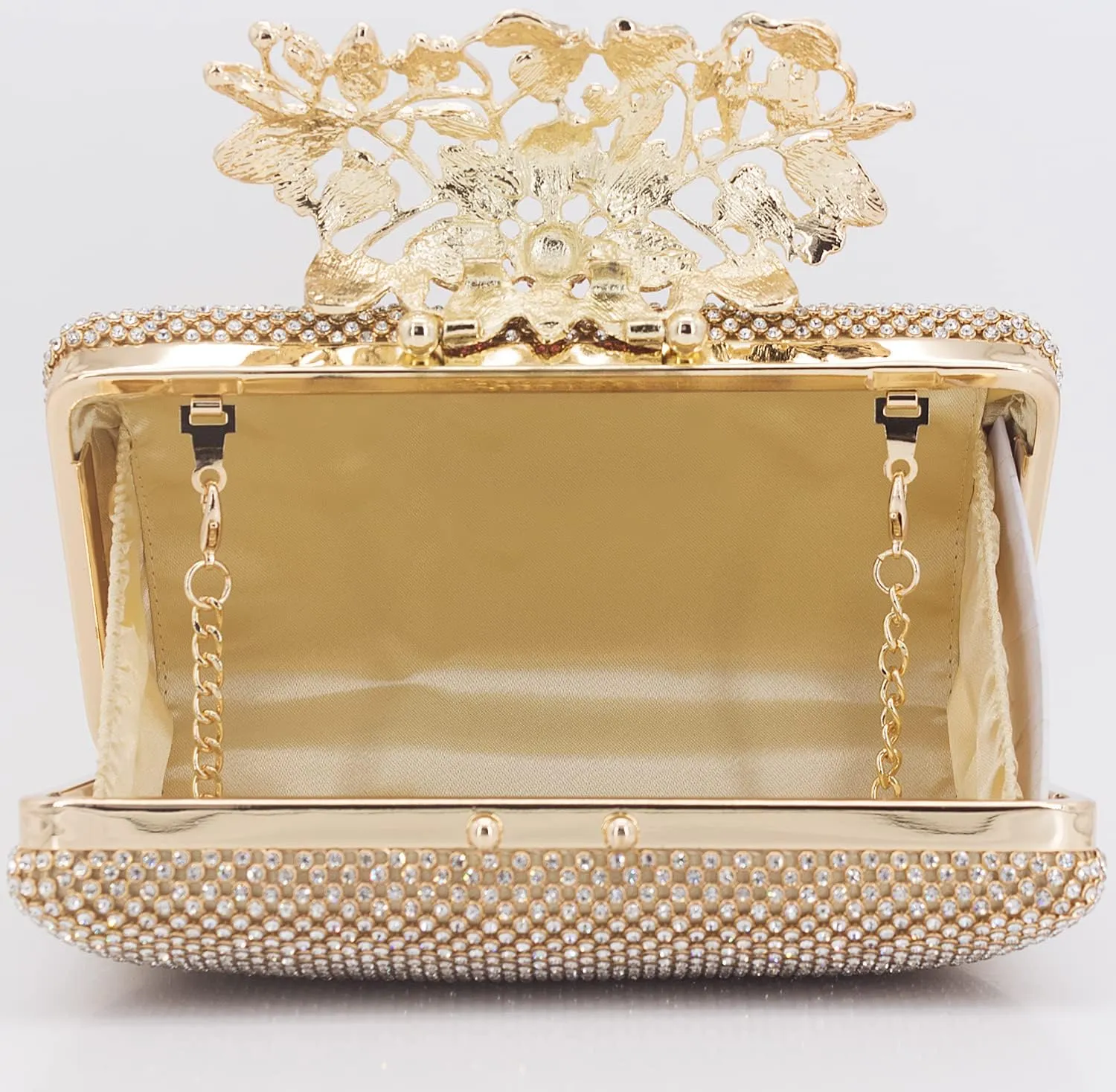 Womens Evening Bag with Flower Closure Rhinestone Crystal Clutch Purse for Wedding Party