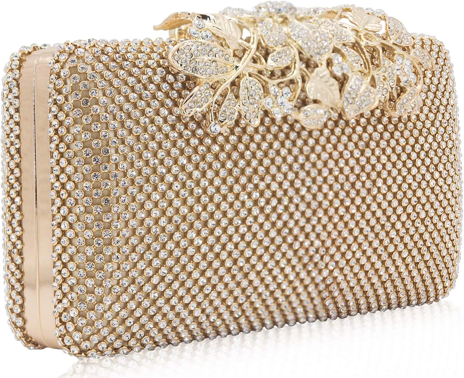 Womens Evening Bag with Flower Closure Rhinestone Crystal Clutch Purse for Wedding Party
