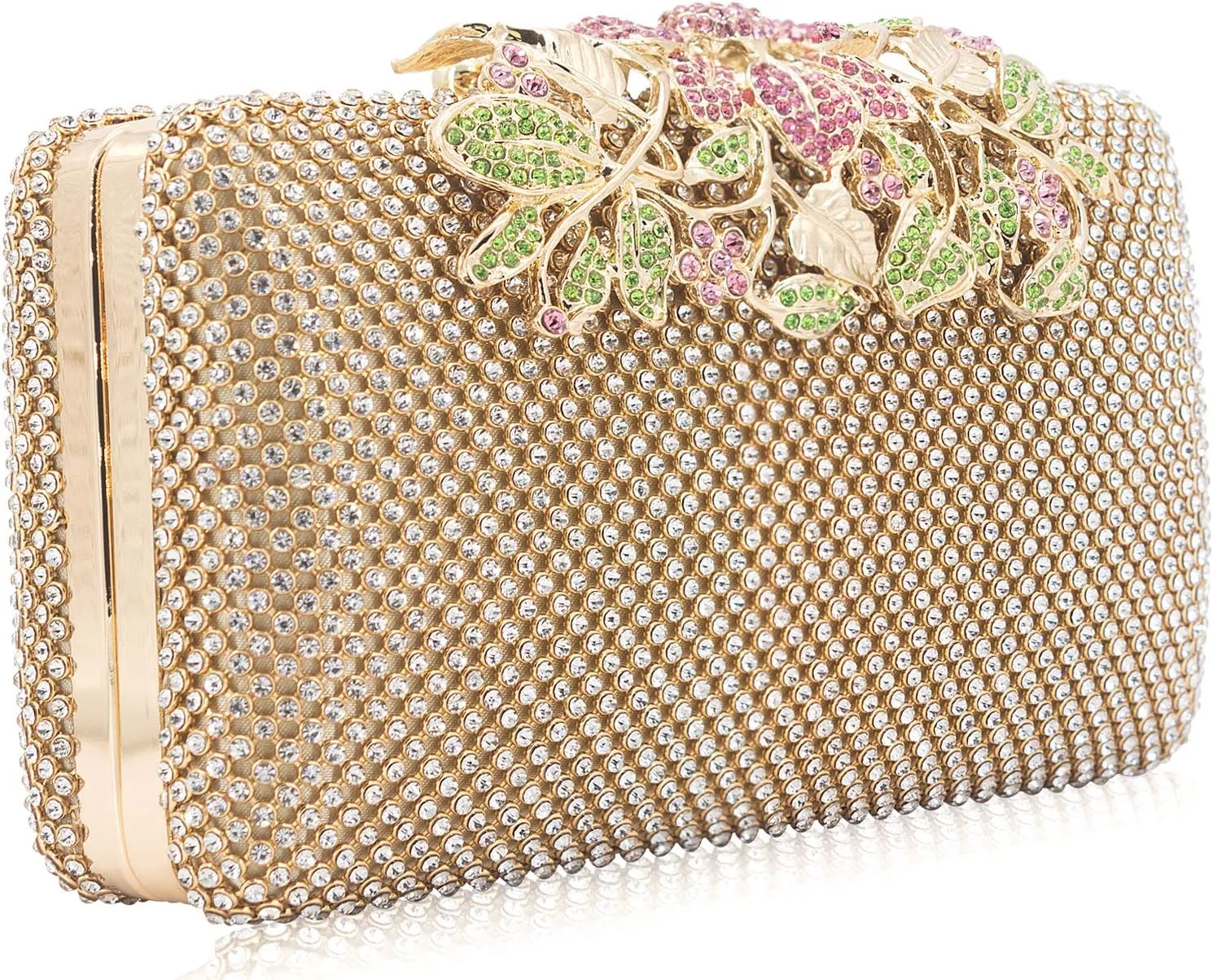 Womens Evening Bag with Flower Closure Rhinestone Crystal Clutch Purse for Wedding Party