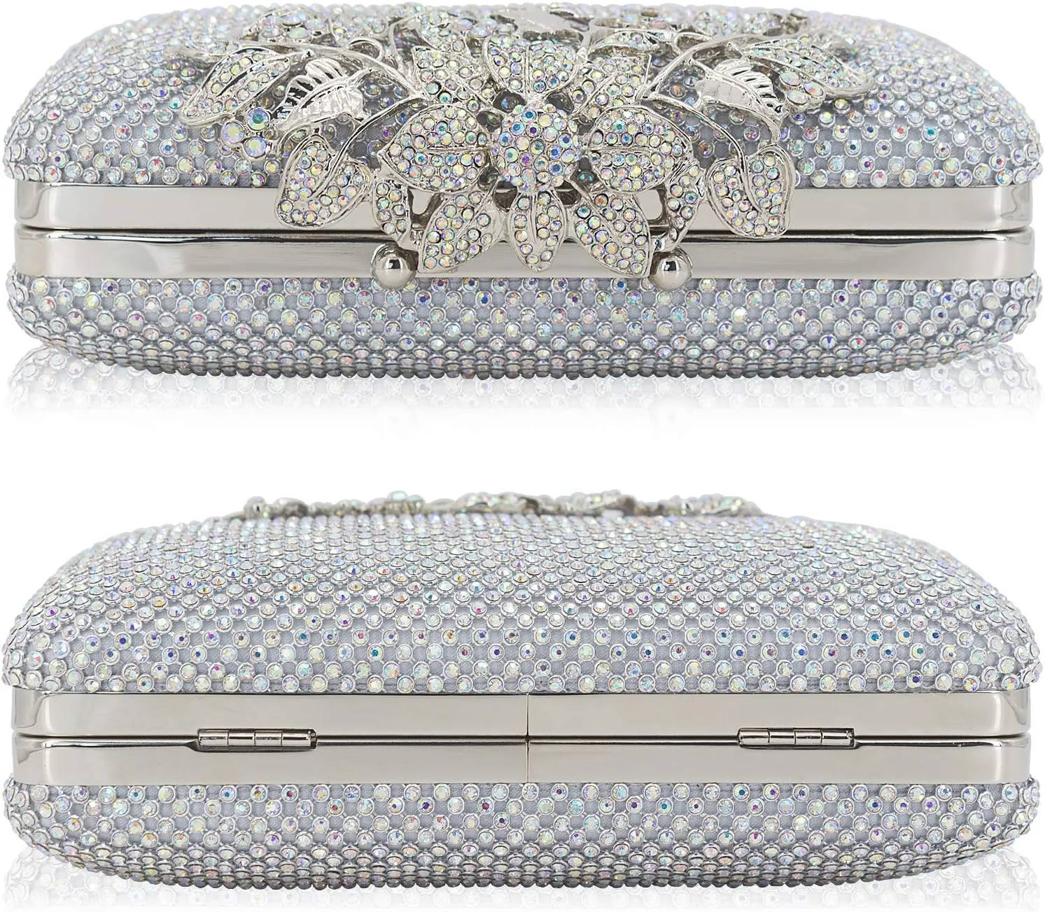 Womens Evening Bag with Flower Closure Rhinestone Crystal Clutch Purse for Wedding Party