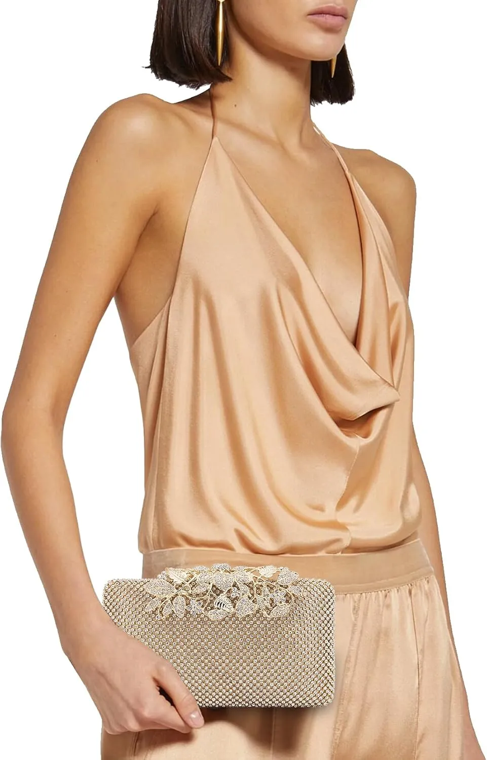 Womens Evening Bag with Flower Closure Rhinestone Crystal Clutch Purse for Wedding Party
