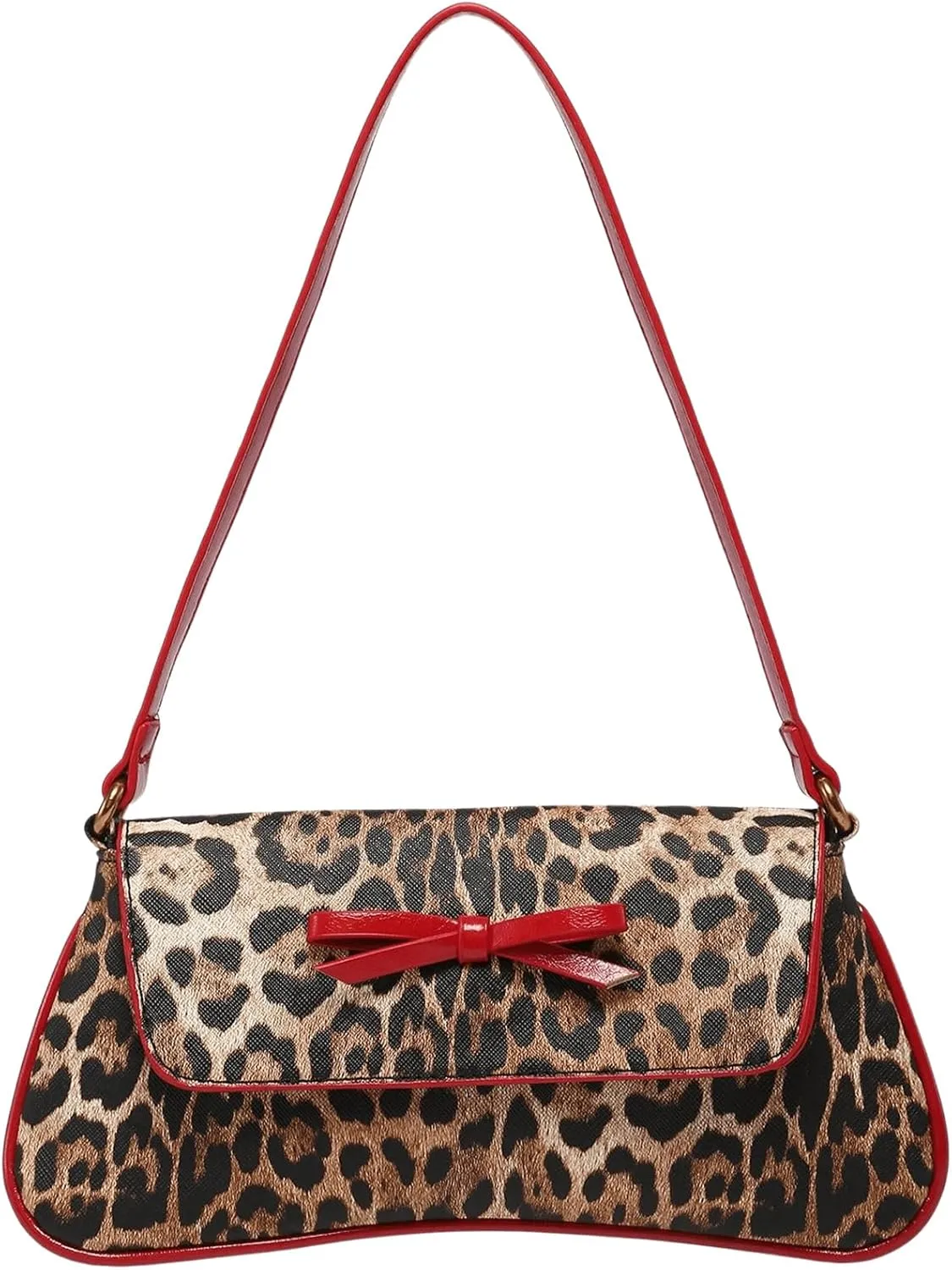 Women's Leopard Print Bow Shoulder Bag Flap Leather Purse Y2k Elegant Underarm Bag