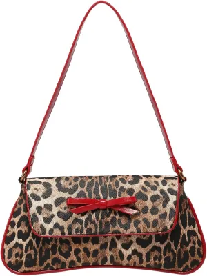 Women's Leopard Print Bow Shoulder Bag Flap Leather Purse Y2k Elegant Underarm Bag