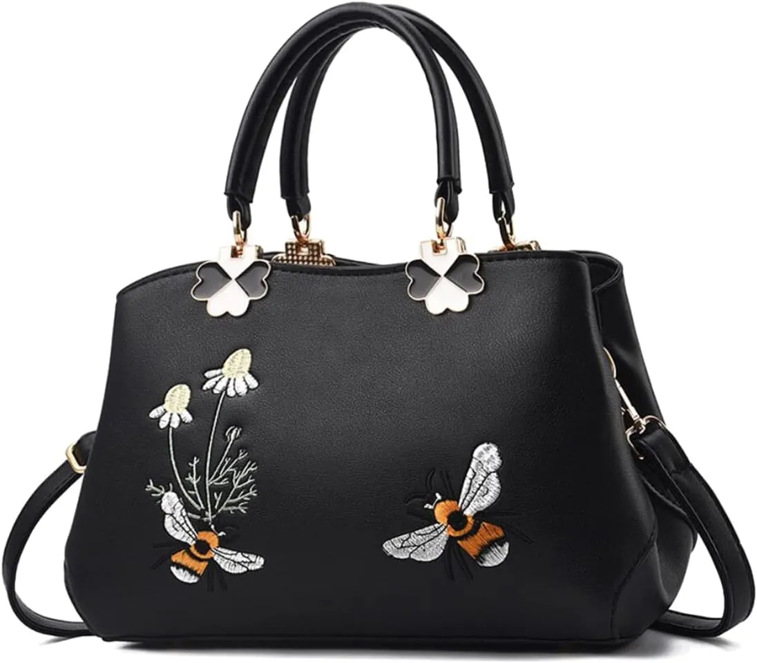 Women's PU Elegant Shoulder Bags Wild Handbags Satchel Embroidery Bee Flower Crossbody Purse