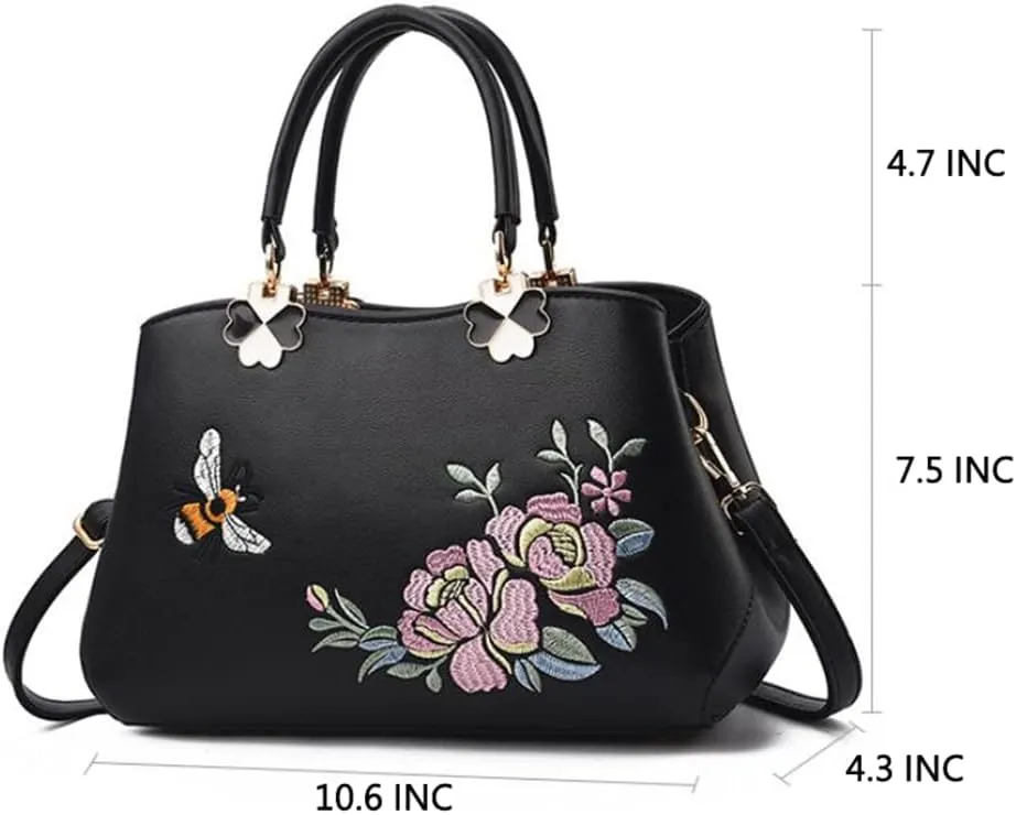 Women's PU Elegant Shoulder Bags Wild Handbags Satchel Embroidery Bee Flower Crossbody Purse