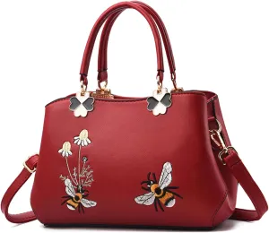 Women's PU Elegant Shoulder Bags Wild Handbags Satchel Embroidery Bee Flower Crossbody Purse