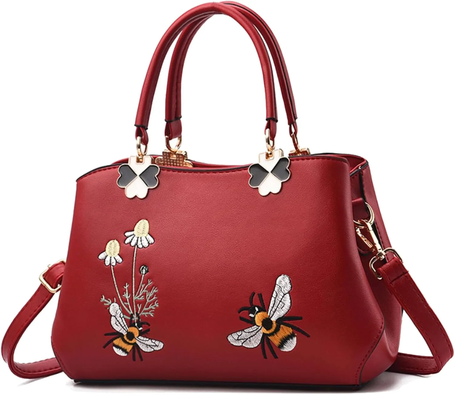 Women's PU Elegant Shoulder Bags Wild Handbags Satchel Embroidery Bee Flower Crossbody Purse