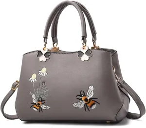 Women's PU Elegant Shoulder Bags Wild Handbags Satchel Embroidery Bee Flower Crossbody Purse