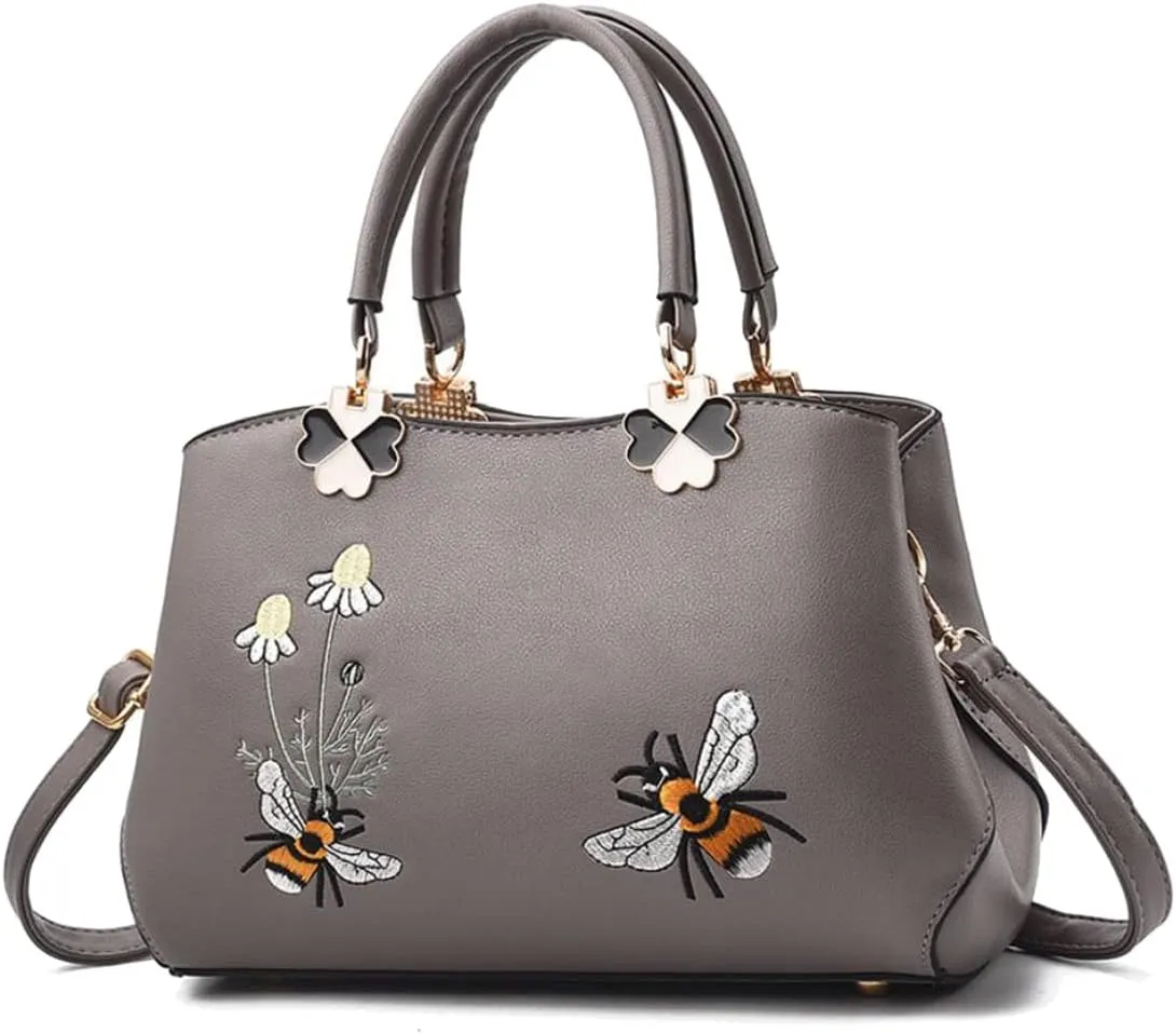 Women's PU Elegant Shoulder Bags Wild Handbags Satchel Embroidery Bee Flower Crossbody Purse