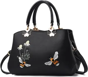Women's PU Elegant Shoulder Bags Wild Handbags Satchel Embroidery Bee Flower Crossbody Purse