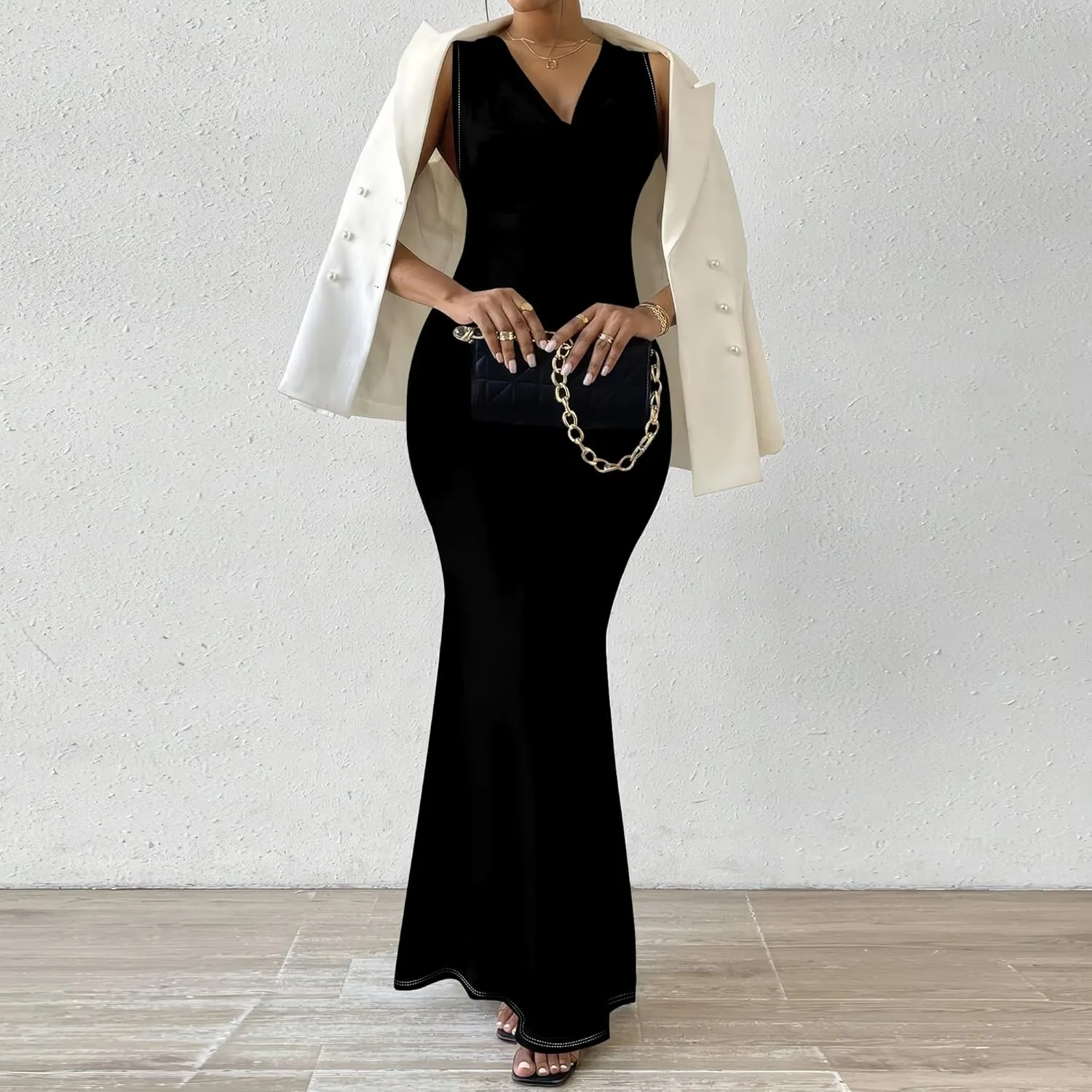 Women's Sexy V Neck Sleeveless Fitted Dress Elegant Curve Pencil Skirt Beach Party Sundress Festival Evening Dress