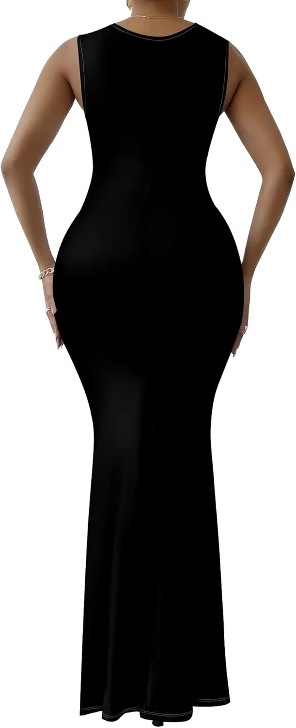 Women's Sexy V Neck Sleeveless Fitted Dress Elegant Curve Pencil Skirt Beach Party Sundress Festival Evening Dress