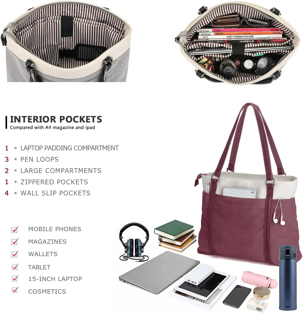 Women's Work Bag with Laptop Compartment Zipper Pockets Teacher Totes Purse