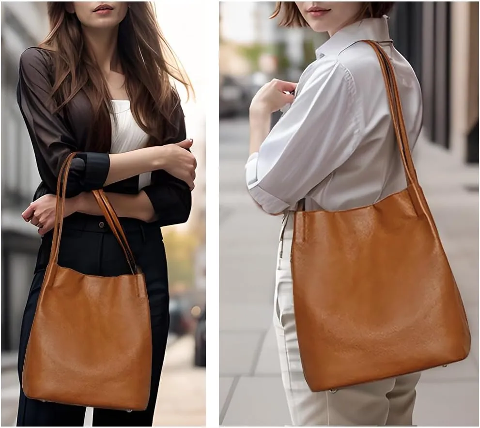 YALUXE Women's Soft Genuine Leather Tote Bucket Bags Hobo Shoulder Bags Trendy Purse and Handbags