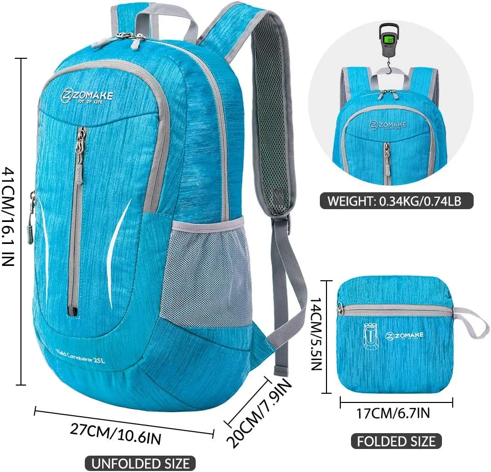 ZOMAKE 25L Ultra Lightweight Packable Backpack, Foldable Hiking Backpacks Water Resistant Small Folding Daypack for Travel(Light Blue)